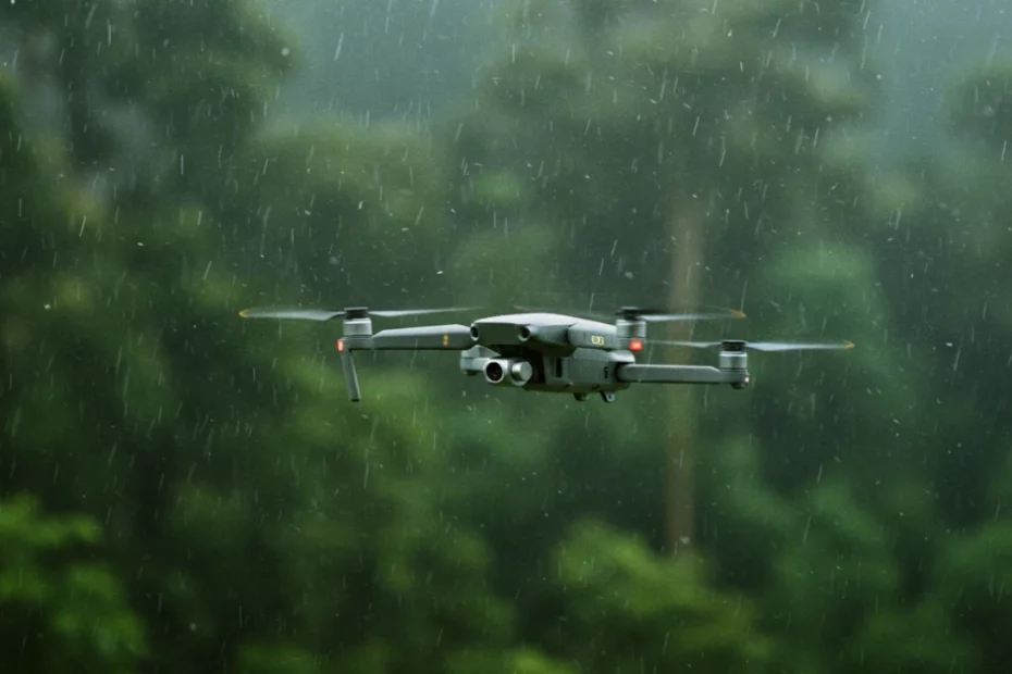 drone DJI voando em condições severas de chuva e vento